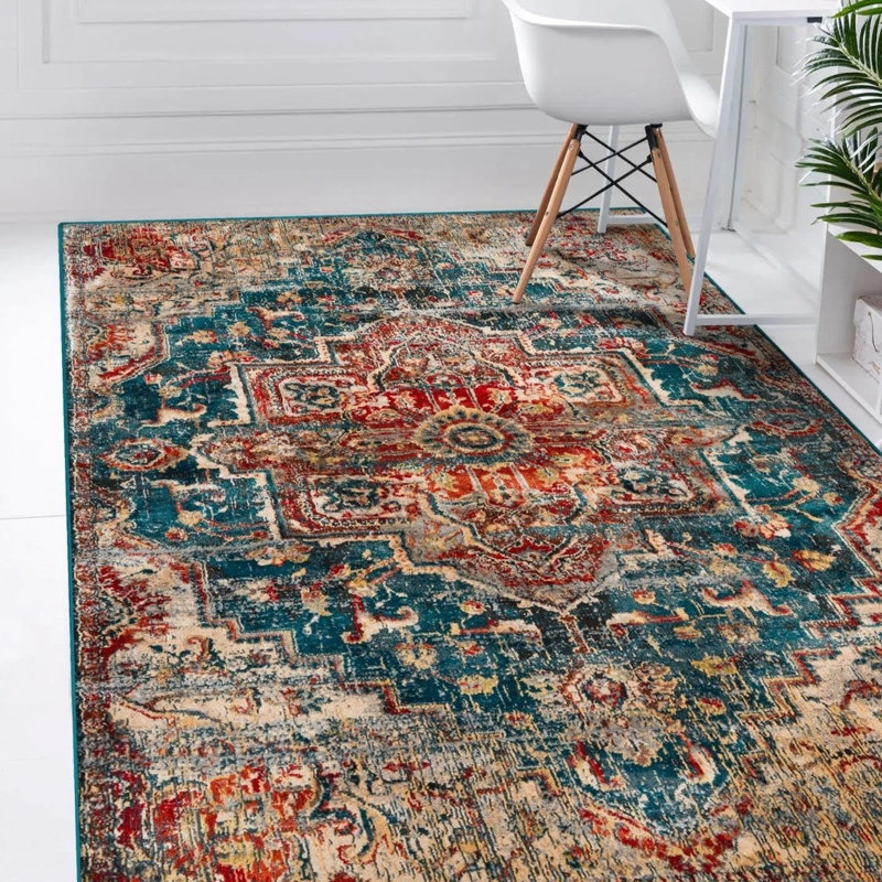 Teal Red Vintage Medallion 5' x 7' Rug for Playroom Bedroom