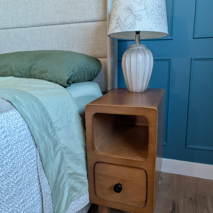 Solid Wood Nightstand - Narrow, With Drawers & Open Storage, Mid Century Modern Style For Bedroom - Walnut, 9.7"D x 15"W x 22.8"H