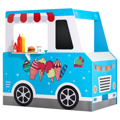 Chariot à crème glacée pour enfants, plateau de jeu en bois pour camion de glace 20+ PCS, support de jeu avec volant et tableau noir, scanneur de paiement et congélateur, robinet et évier, convient aux enfants de 3 à 7 ans