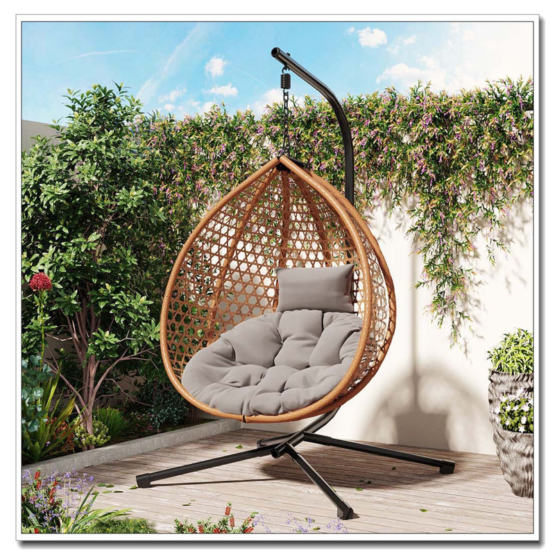Hanging Egg Chair with Stand: Sturdy Iron Frame, PE Rattan, Foldable & Removable Cushion, Brown, Gray