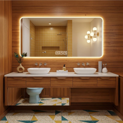 Miroir de salle de bain rectangulaire 60 po x 28 po rétroéclairé à DEL avec éclairage à 3 couleurs à intensité variable et coins arrondis
