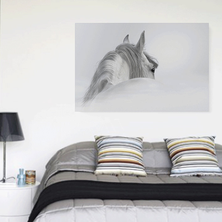 «The White Mystical Horse in Black / White», reproduction d'art graphique sur toile tendue