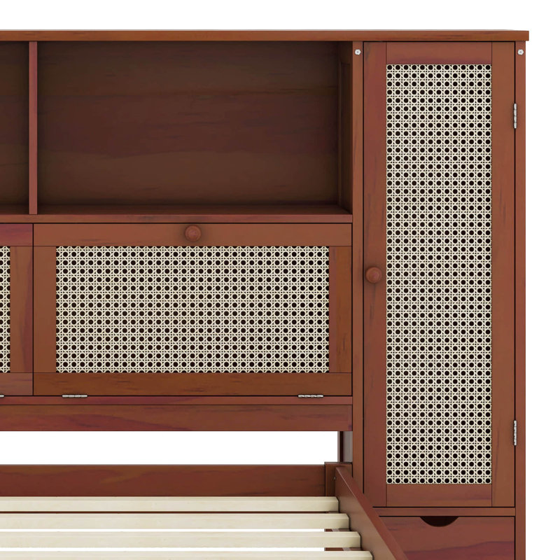 Lit simple multifonctionnel en rotin avec casiers de rangement et tiroir, Noyer