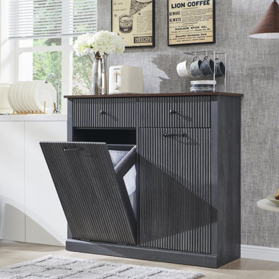 Modern Double Tilt-Out Trash Cabinet, 20 Gallon Fluted Laundry Hamper Cabinet with Drawers, Wooden Hidden Garbage Can Cabinet with Storage Basket, Free Standing for Kitchen & Living Room