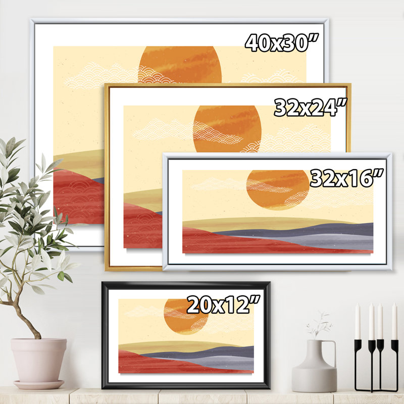 «Minimalist Abstract Landscape Mountain and Moon - Floater Frame», impression sur toile, Toile avec cadre noir