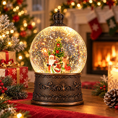 Boule à neige lumineuse avec le père Noël et les rennes, musique et minuterie