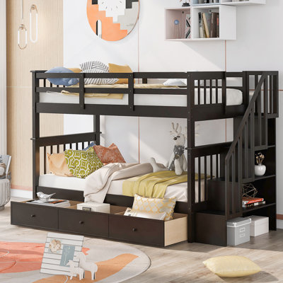 Lit superposé simple au-dessus de simple avec trois tiroirs pour la chambre à coucher, dortoir - Espresso Stairway (Old Sku: LT000309AAP)