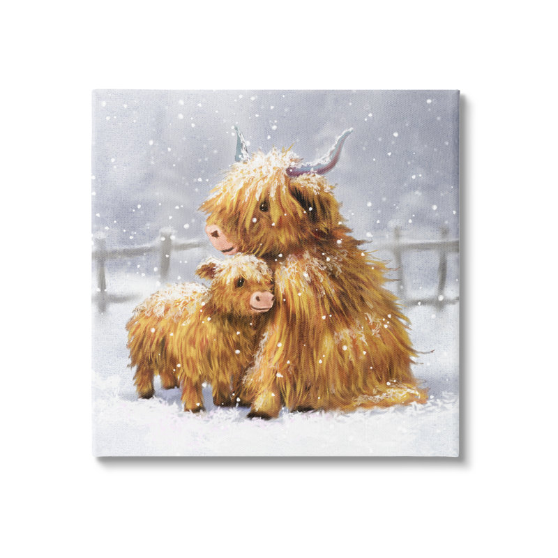 Peinture sur toile, "Bouvier veau, ferme enneigée", H 17 po x l 17 po x P 1,5 po