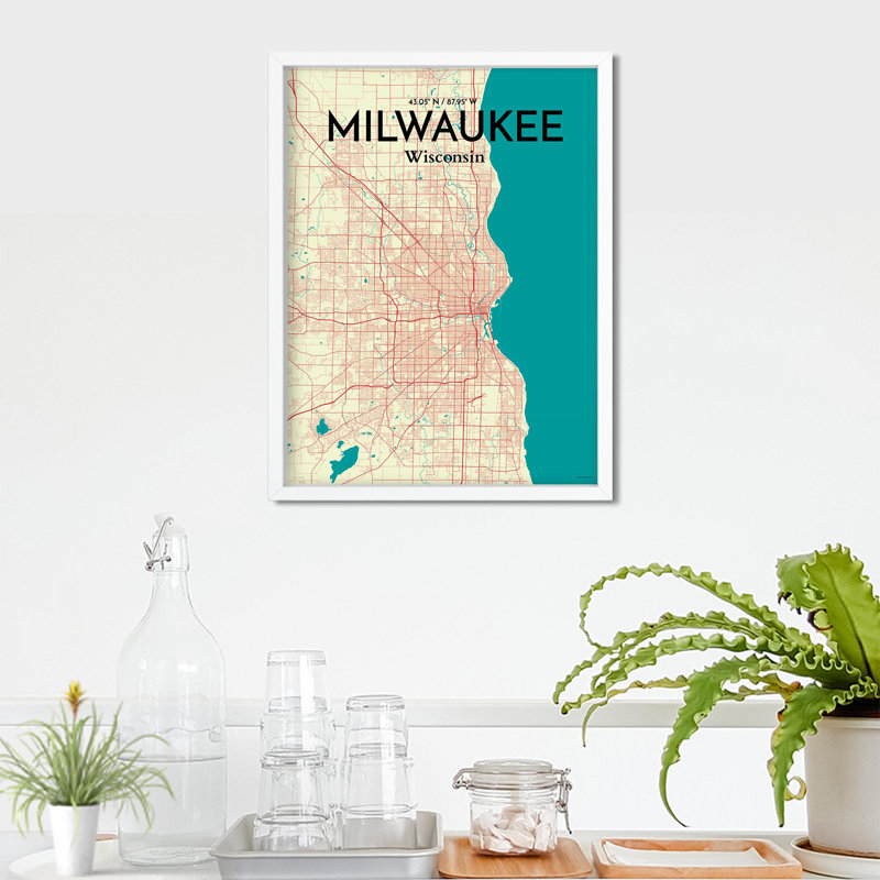 «Milwaukee City Map», impression d'art graphique sans cadre, H 24 po x l 18 po x P 0,05 po