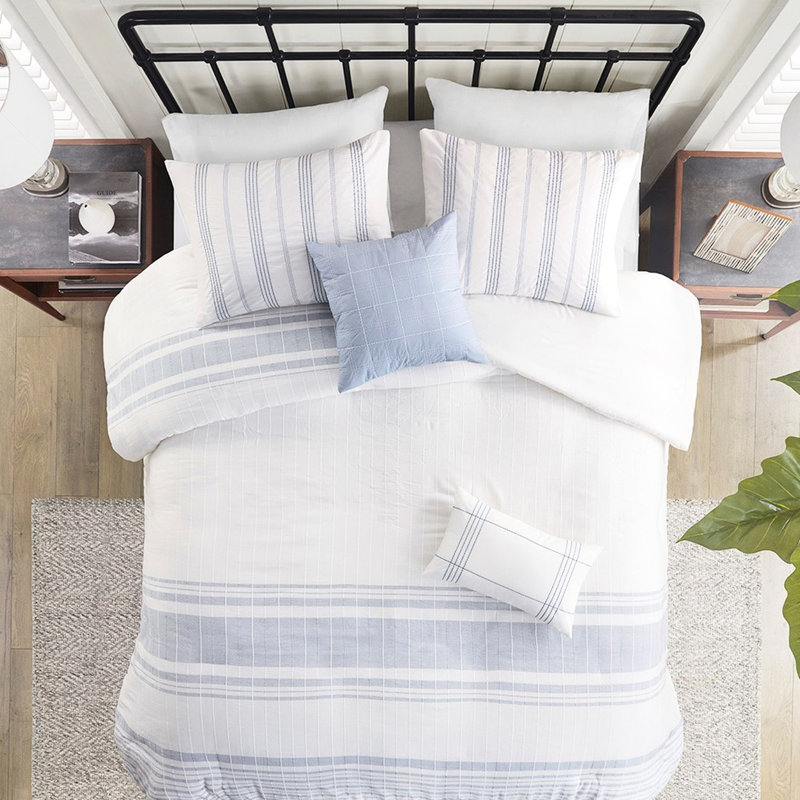 Housse de couette en coton 5 pièces double / grand - 100% tissé avec housse et taies décoratives Coussins décoratifs multicolores à fermeture à glissière à rayures texturées look moderne