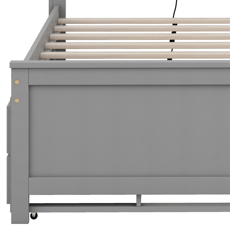 Willavene Platform Bed with Storage Headboard, USB, Twin Size Trundle and 3 Drawers, Gray, Twin