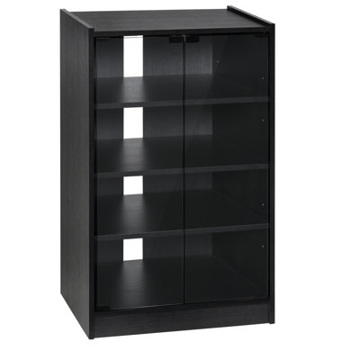 Distressed Black Media Stand Cabinet, 5. With Tempered Glass Doors & Adjustable Shelves. Keeps Player, Receiver, Gaming Console, Laptop, Books Organized. Cable Managed 5 With Doors, Shelves And