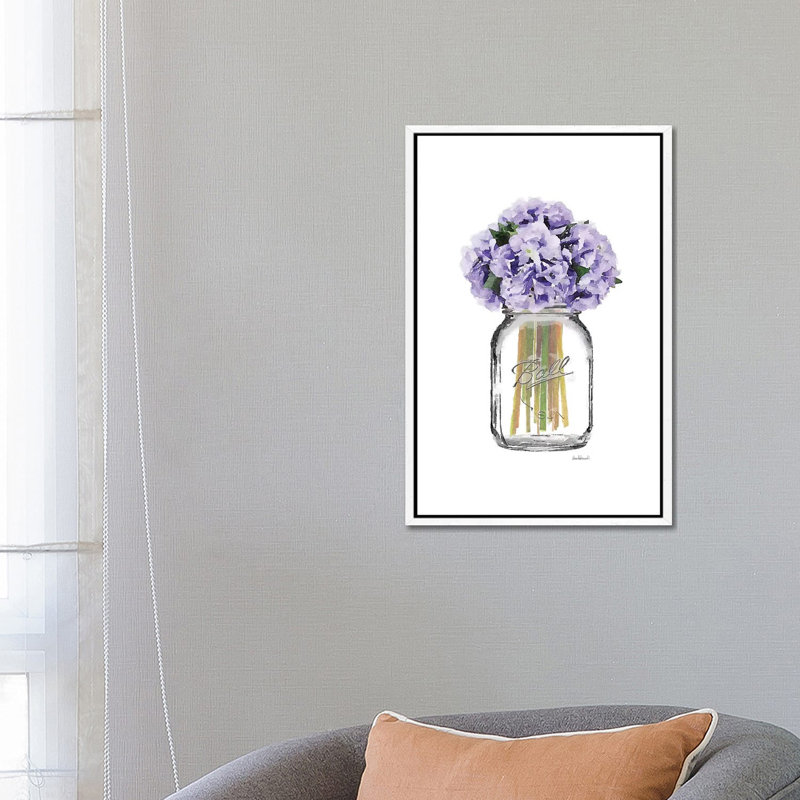 Glass Jar With Purple Hydrangeas by Amanda Greenwood - Painting on Canvas, 66.04 cm H x 45.72 cm W, White Framed Canvas