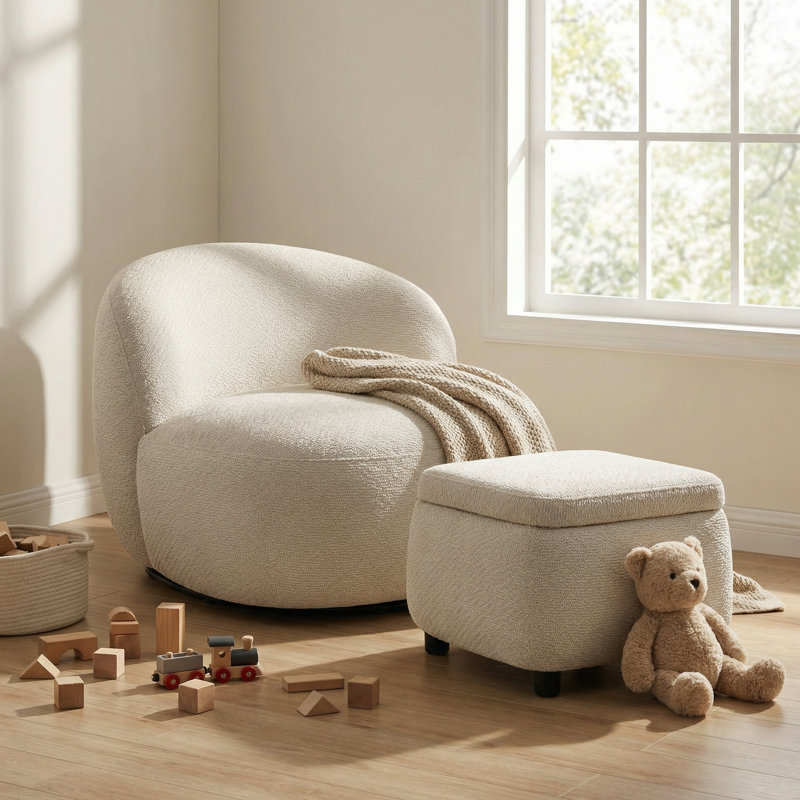 Modern Performance Fabric Upholstered Swivel Accent Chair and Storage Ottoman Set for Living Room, Ivory – Barbara by Pipp & Liv