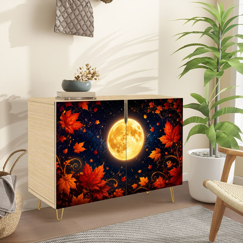 Buffet Buffet avec rangement Golden Full Moon Autumn Maple Leaves Dark Starry Night Fantasy Nature avec 2 portes pour le salon et la cuisine
