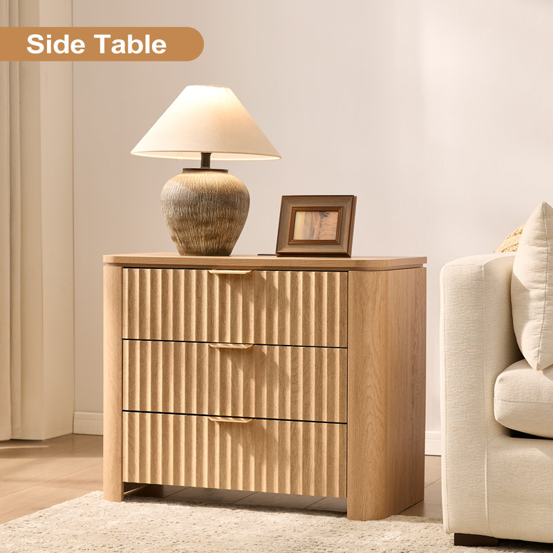 Table de chevet Aaryahi à 3 tiroirs cannelés avec station de charge, chêne naturel, 1 pièce, Chêne naturel