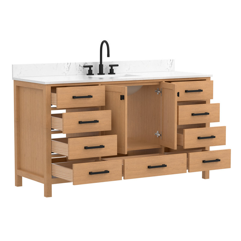 60" Solid Wood Freestanding Bathroom Vanity With Engineered Stone Top, Natural Wood, Matte Black