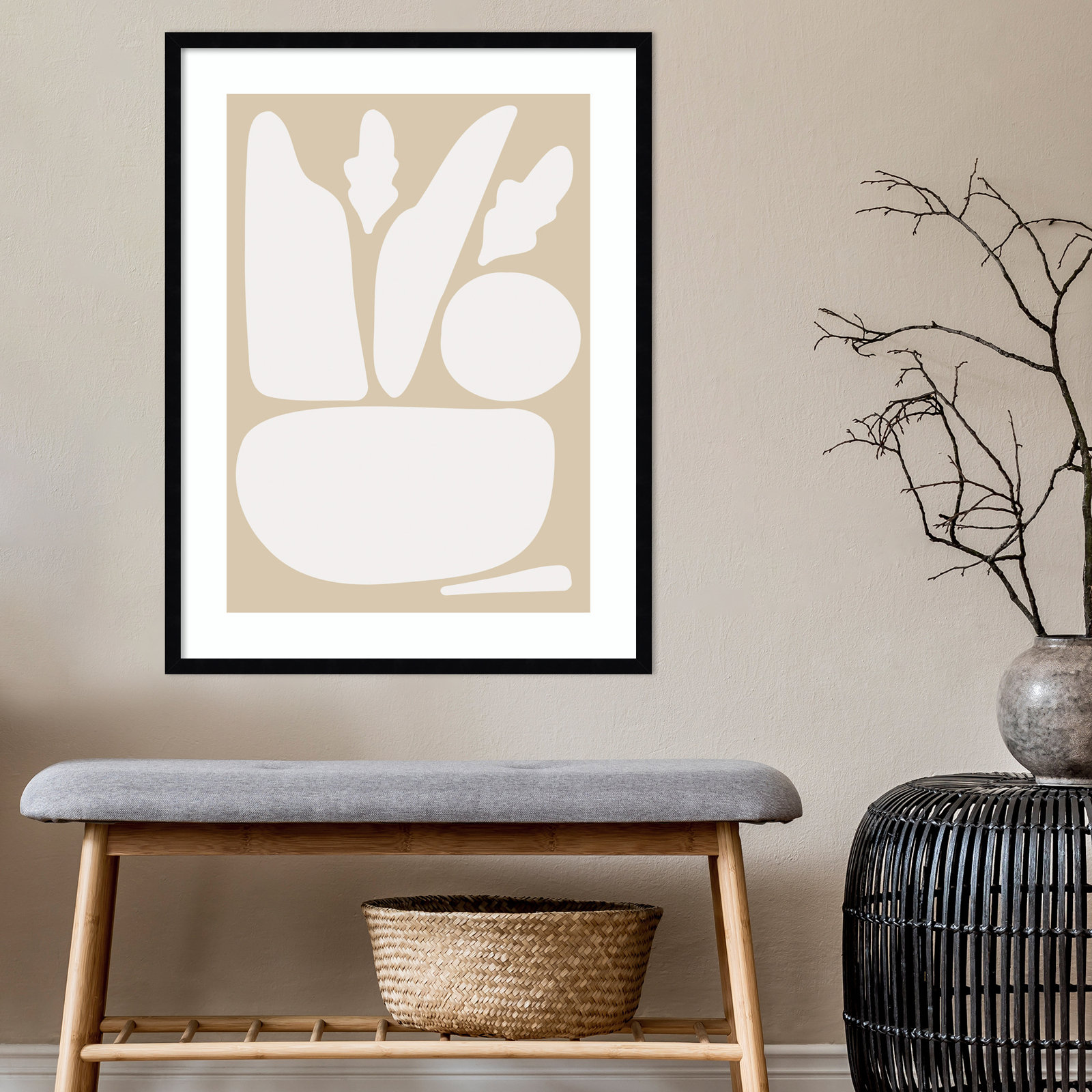 Zen Botanical Rock Neutral Print, Black Framed, 33" H x 25" W