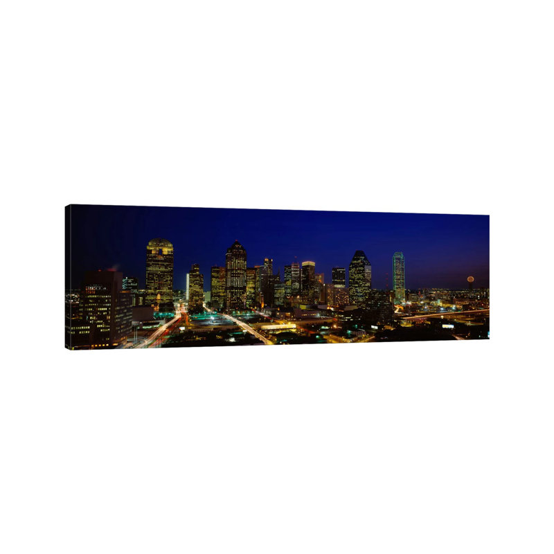 Buildings in a City Lit up at Night, Dallas, Texas, USA 1 Piece Wrapped Canvas Panoramic Wall Art
