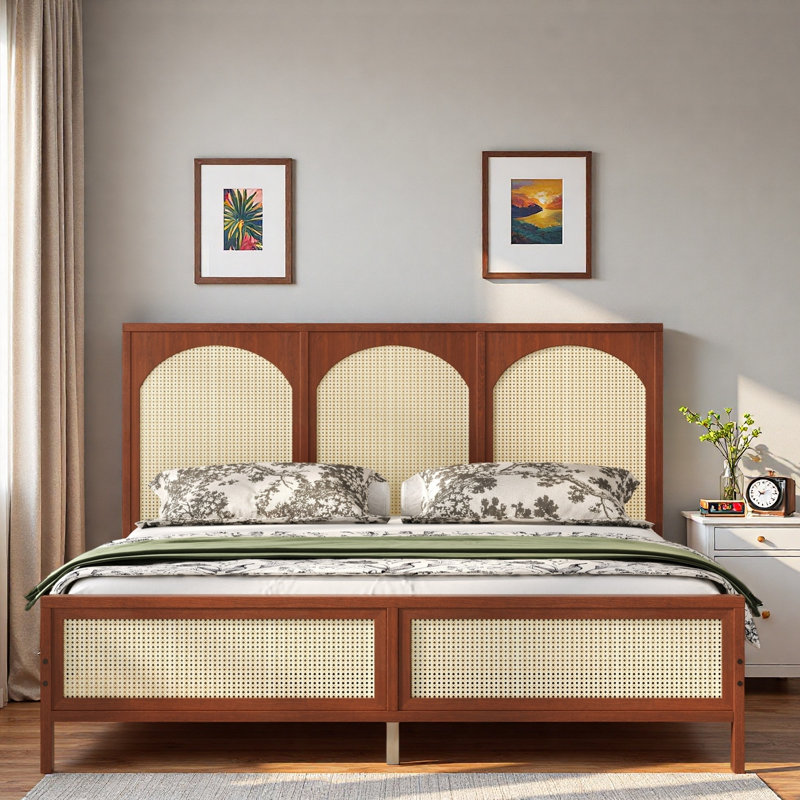 Wood Platform Bed With Rattan Headboard, Walnut, Queen