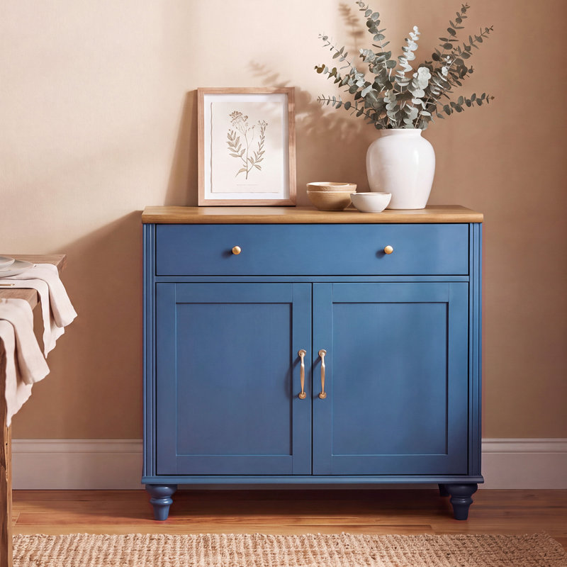 Buffet Corretta avec portes vitrées, meuble de rangement de cuisine, table basse en bois avec rangement, buffet/crédence de style ferme moderne pour salle à manger ou salon, blanc rustique, 86 cm (34 pouces).