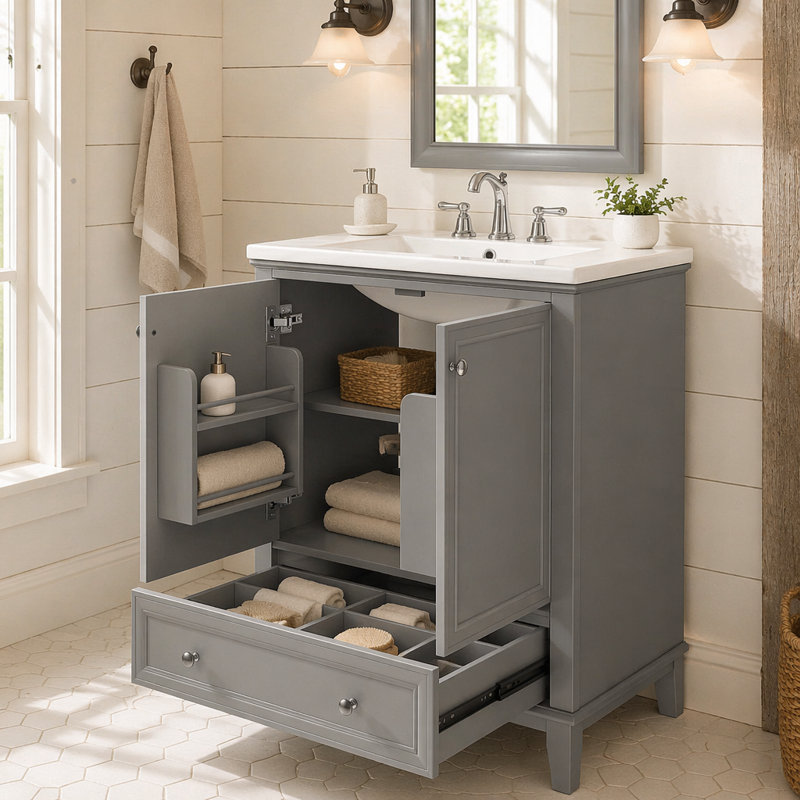 30" Bathroom Vanity with Sink Combo, Multi-functional Bathroom Cabinet with Doors and Drawer, Solid Frame and MDF Board, Gray