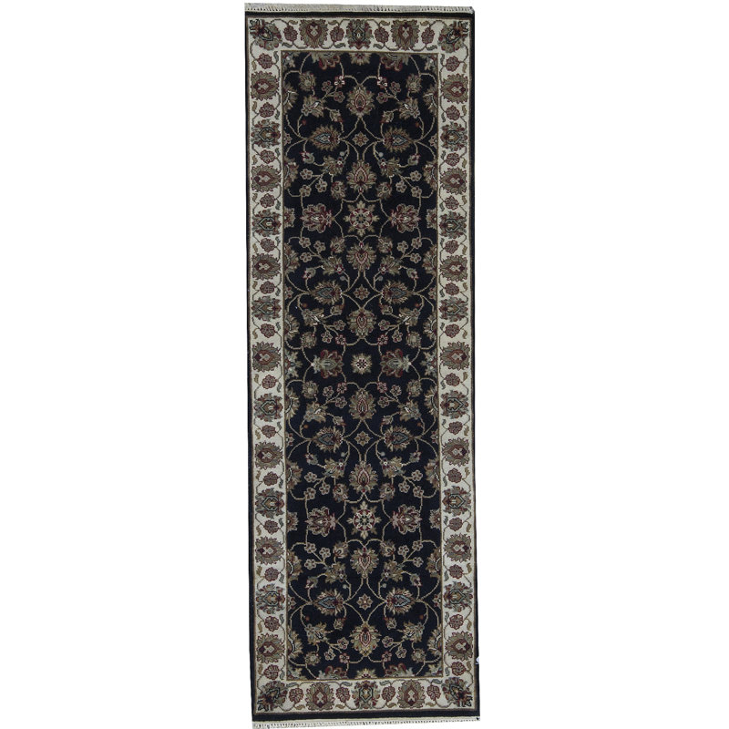 Hand-Knotted High-Quality Ivory and Dark Blue Runner