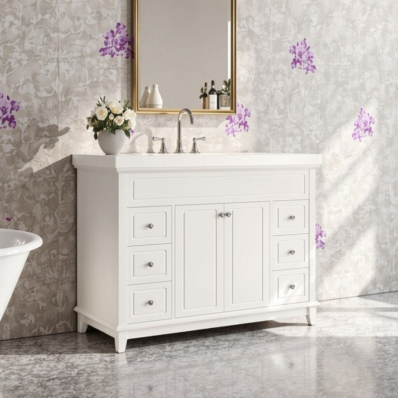 Meuble-lavabo 48 po avec lavabo en résine, pieds en pin massif, 6 tiroirs à fermeture douce et rangement pour porte double