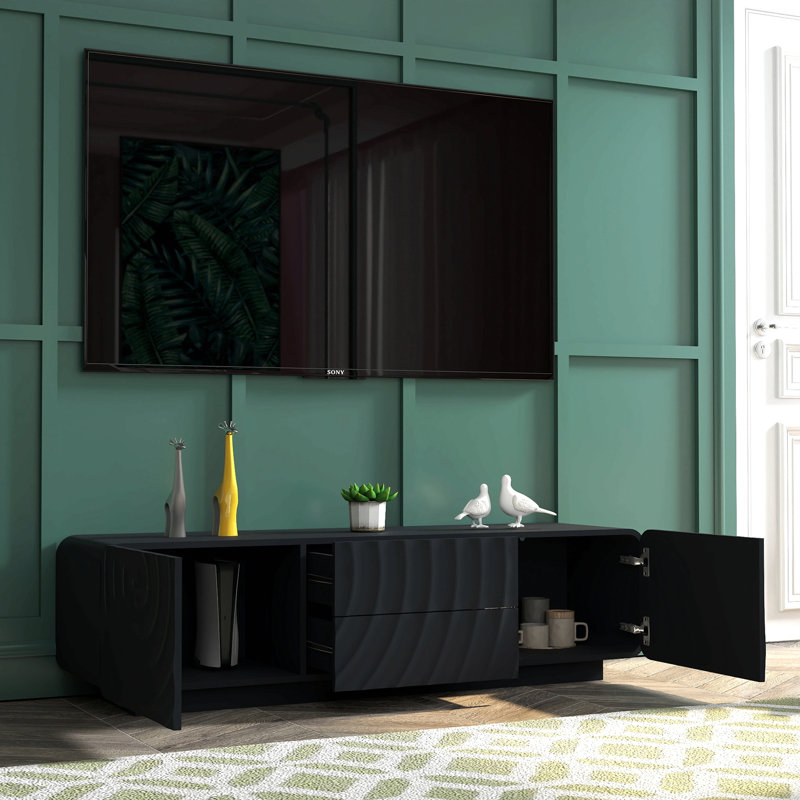 Console 58 po avec design en spirale unique et moderne avec meuble de rangement et meuble télé 2 tiroirs pour le salon, la chambre à coucher