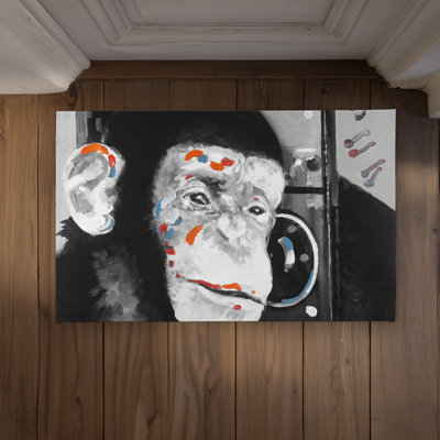 Monkey Listening to Radio Indoor Outdoor Door Mat - Home Decor