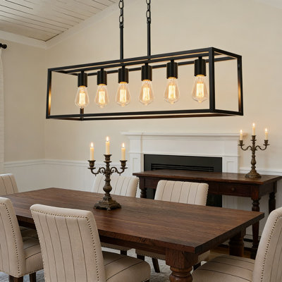 6-Light Linear Chandelier, Adjustable Height Modern Farmhouse Pendant Light For Kitchen Island, Dining Room, And Bar, Black Metal Fixture With Dimmable Compatibility