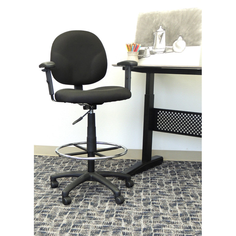 Black Ergonomic Fabric Drafting Stool with Adjustable Arms