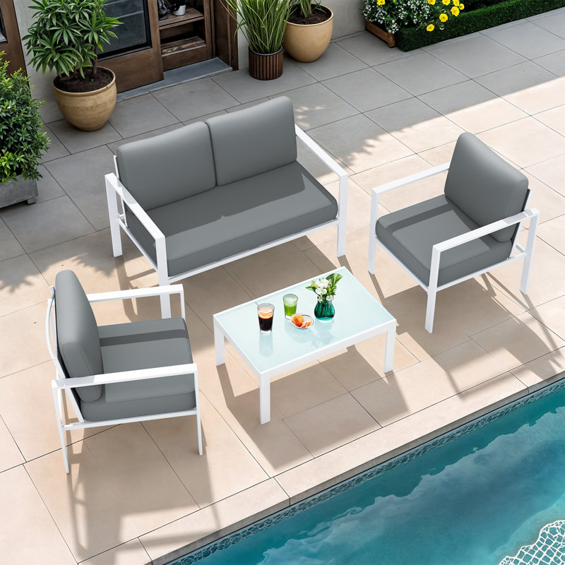 Trivette 4Pcs Outdoor Furniture Set Patio Conversation Set with Chairs, Loveseat, Table and Cushions, Gray