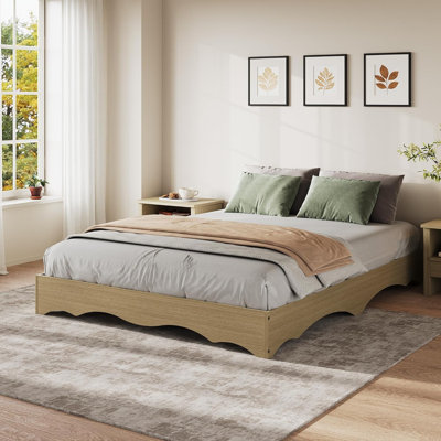 Base de lit plateforme en bois Minimalist Wavy Edge - profil bas, support de lattes robuste, silencieux, aucun sommier requis, assemblage facile, grand lit, couleur bois naturel