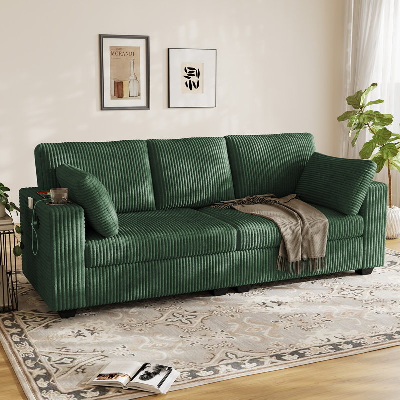 82"W Corduroy Sofa with Cup Holders, Storage Pockets and USB Ports  - Green Couch, Green