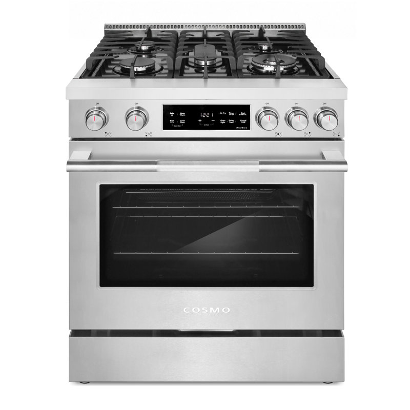 Cosmo 30 po Collection Stellar 4,8 pi³ Cuisinière à gaz, 5 brûleurs, four à convection, grilles en fonte, acier inoxydable