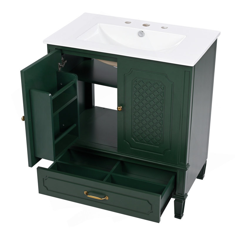 [Vidéo] Ensemble de meuble-lavabo 60 po avec lavabo double, 2 armoires avec organisateurs de porte, 2 tiroirs, vert (même numéro de pièce: N759S218644F)