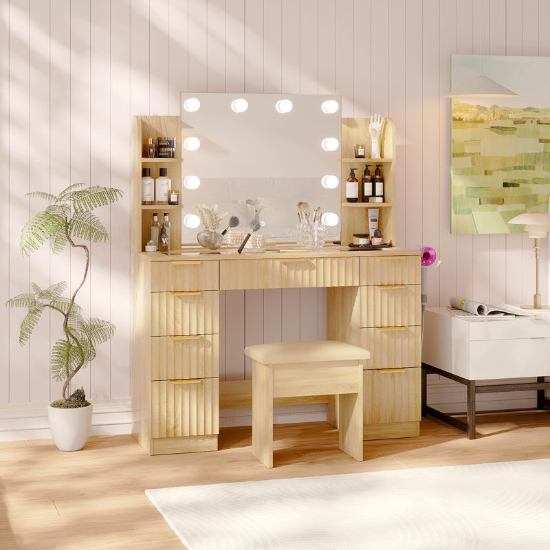 43" Glass Top Makeup Vanity Desk with 9 Drawers, 6 Storage Shelves and Outlet