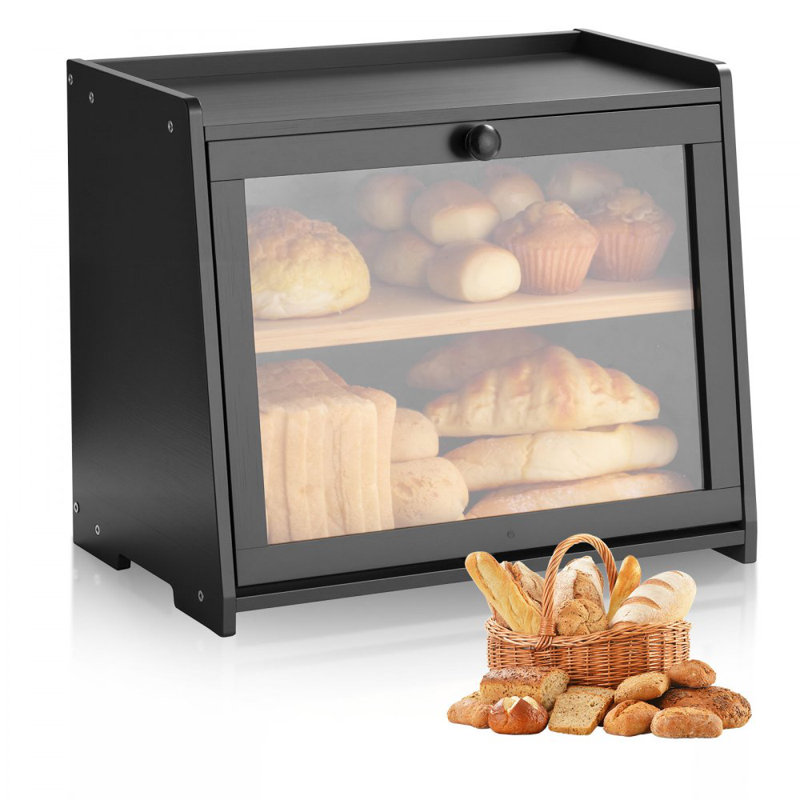 Boîte à pain double couche pour comptoir de cuisine en bambou noir