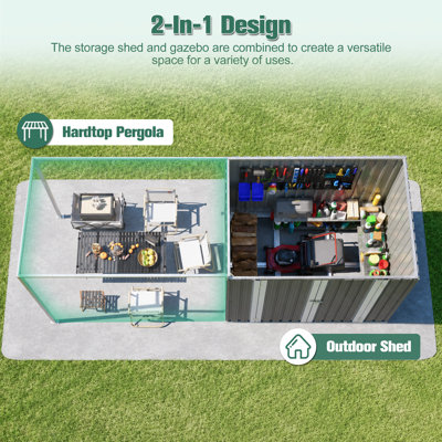 Abri de jardin et pergola 2 en 1, 1,8 x 1,2 m, toit en pente, structure de plancher, aérations