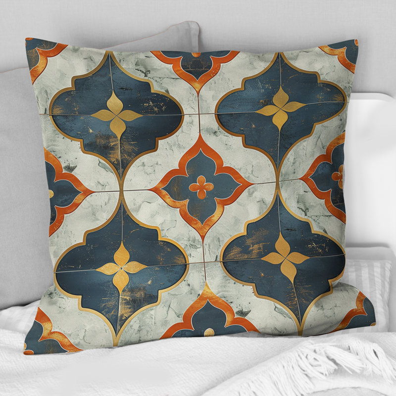Carreau rustique bleu et doré I - Coussin Farmhouse, H 16 po x l 16 po, Carrée