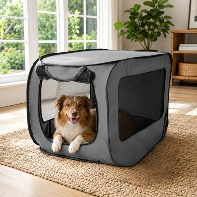 36-Inch Collapsible Dog Crate for Medium-Sized Dogs, Waterproof Pop-Up Pet Kennel with Zipper, Lightweight Travel Cage for Indoor/Outdoor Use, Includes Tie-Down Straps and Ground Nails, Gray