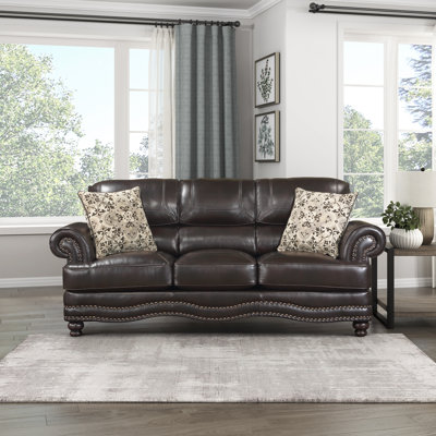 Daishun 88" Traditional Sofa with Breathable Faux Leather Upholstery, Sophisticated Nailhead Trim & Two Decorative Pillows