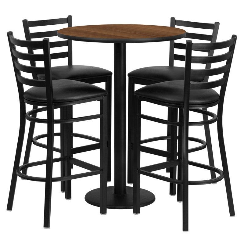 Ensemble de table ronde en stratifié 30 "avec base ronde et 4 tabourets de bar en métal Aniket, Noyer, Similicuir noir