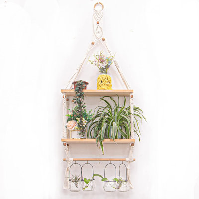 Étagère murale bohème en macramé, étagère rustique à 2 niveaux en bois avec crochets, rangement en corde tressée pour salle de bain, cuisine, chambre, chambre d'enfant, appartement, décoration de petits espaces, rangement