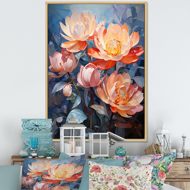Lotus cubiste harmonie sur toile, Cadre naturel flottant, H 32 po x l 16 po x P 1 po