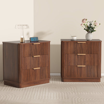 Night Stand Set Of 2 With 3 Drawers, Modern Bedside Table Set Of 2 For Bedroom Storage, Walnut, 23.9'' H X 22.8'' W X 15'' D