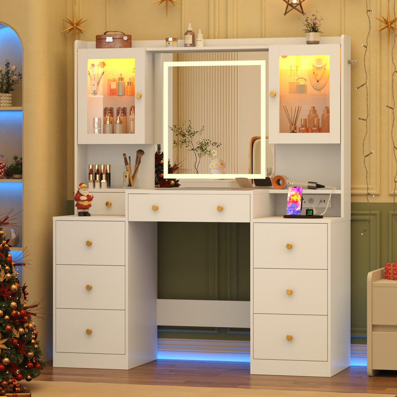 47.24" Vanity Desk With Lighted Mirror, Tempered Glass Top, Power Outlet, 8 Drawers, And 2 RGB Lighted Cabinet, White