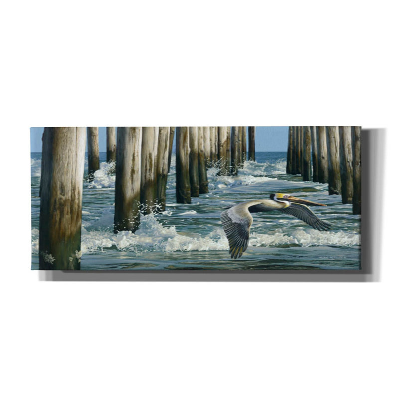 «Fishing Pier» - pélican sur toile par Mark Mueller, reproduction d'art animalier, H 26 po x l 40 po x P 1,5 po
