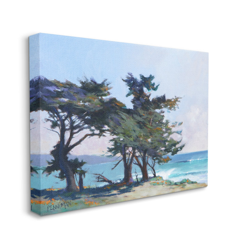 «Coastal Sandy Trees Ocean Waves» par Ed Penniman - peinture sur toile tendue, H 16 po x l 20 po x P 1,5 po
